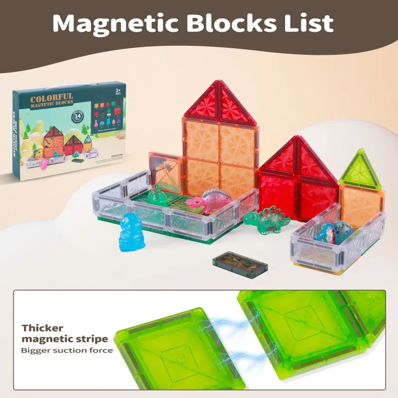 磁気ボード恐竜ビルディングブロックセット カラフル透明タイル 恐竜画像 子供向け教育玩具ゲームセット