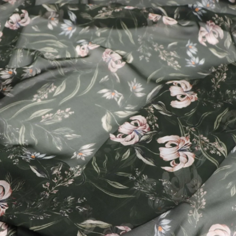 مسود الأخضر الوردي زهرة الزنبق المطبوعة لينة 100% نسيج الشيفون الحريري للفتيات النساء رحلة تنفس الملابس فستان وشاح