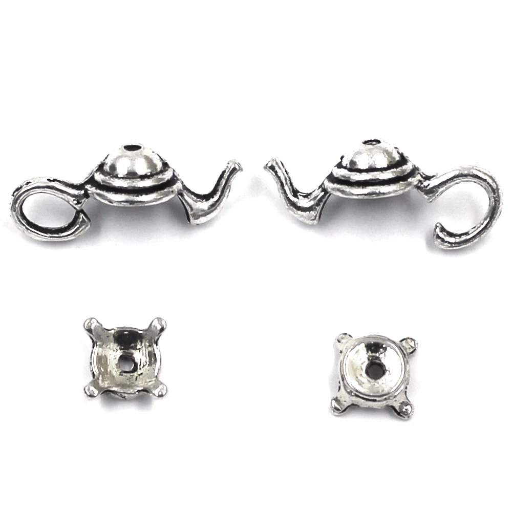 100Sets Silver Tone Teapot Tea Pot End Beads Caps For Charms Bracelets Jewelry DIY Making Findings 21x9mm  Accessories