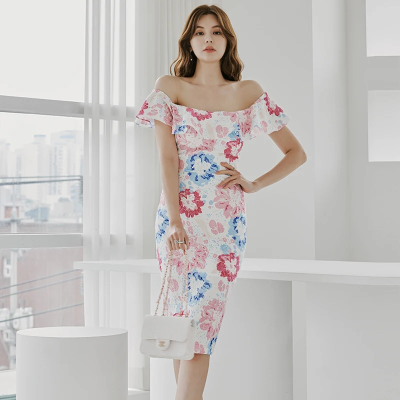 Fashion New Summer Women Print Flower Sexy Square Collar Simple Sheath Pencil Ruffles Bodycon BOho Casual Holiday Dresses