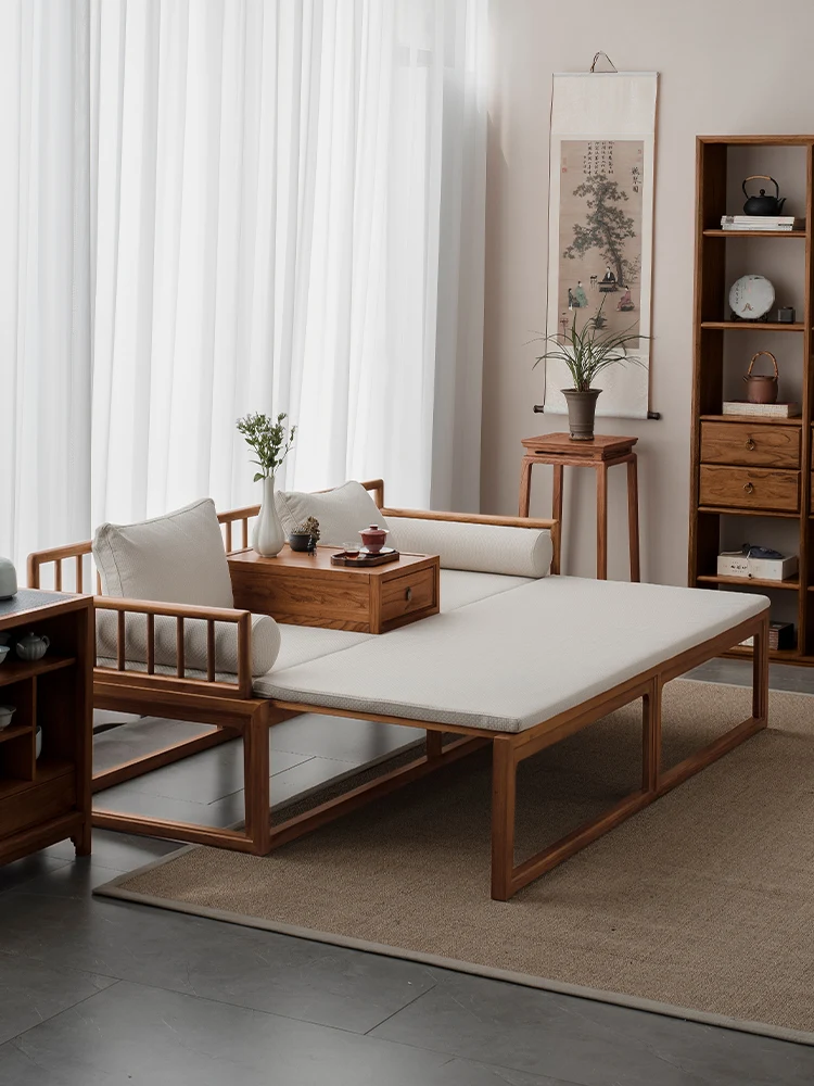 Arhat bed, new Chinese all-solid wood push-pull bed, chaise longue old elm zen small apartment, living room sofa dual-purpose