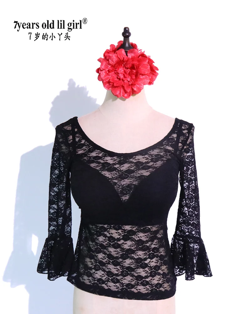 2024 Flamenco Dance  Bolero Lace Top Ruffle Long  Sleeves Women Sexy Female Clothes DRR03