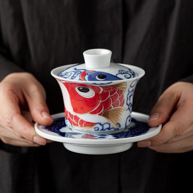 Jingdezhen Qitang National Trendy Style Arowana Ceramic Sancai Horseshoe Tureen Non-Scald Porcelain Set Suit