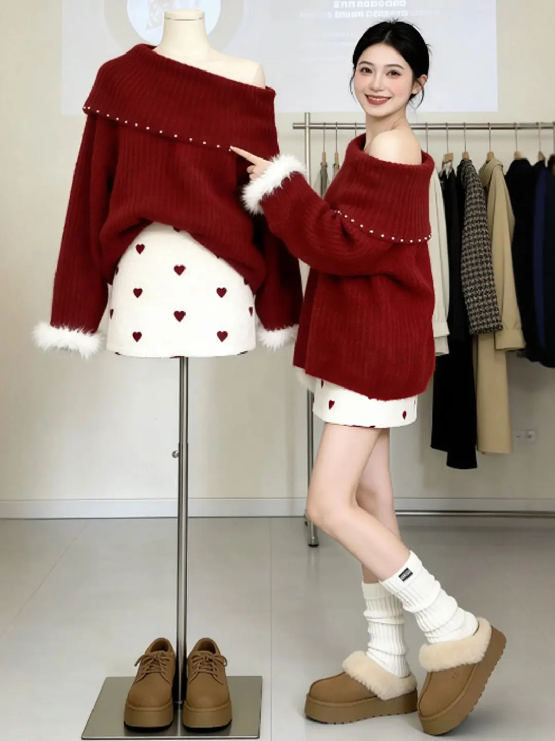 

Faionable Red Asymmetrical oulder Sweater Skirt Set Slim Fit High Waist ort Skirt Comfortable Spring Outfit for Women