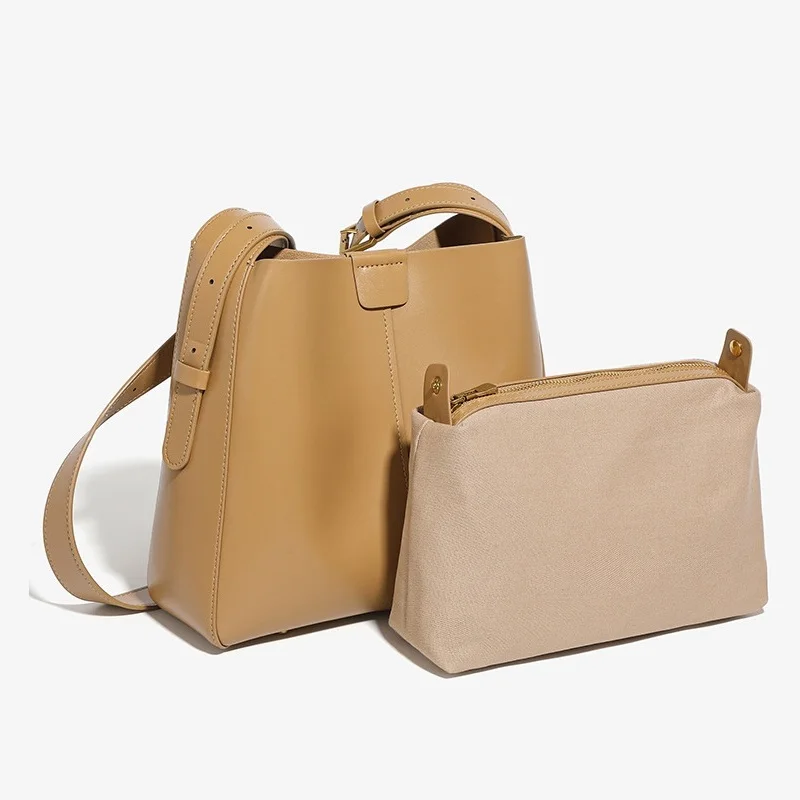 

Genuine Leather Women's Bag 2024 New Spring Bucket Bag Soft Leather Single Shoulder Crossbody Bag Tote Solid Commuter Handbags