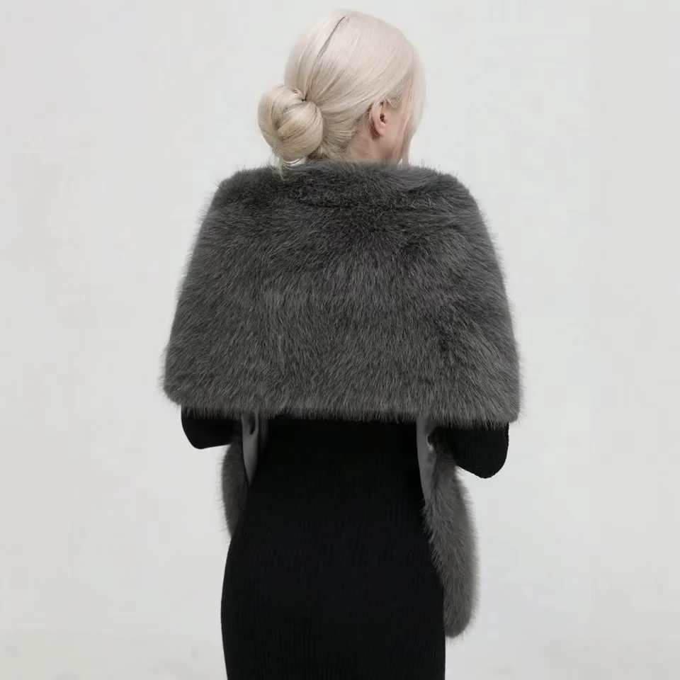 Extra Long Faux Fox Fur Stole - Thickened Plush Cape Shawl for Women, Winter Evening Gown Luxury Wrap