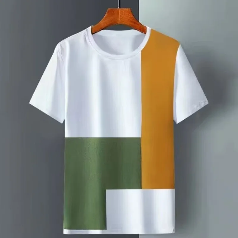 Color Block Short sleeved T-shirt for Men's Versatile Round Neck Trendy Half sleeved Bottom Shirt Summer Cool Feeling T-s