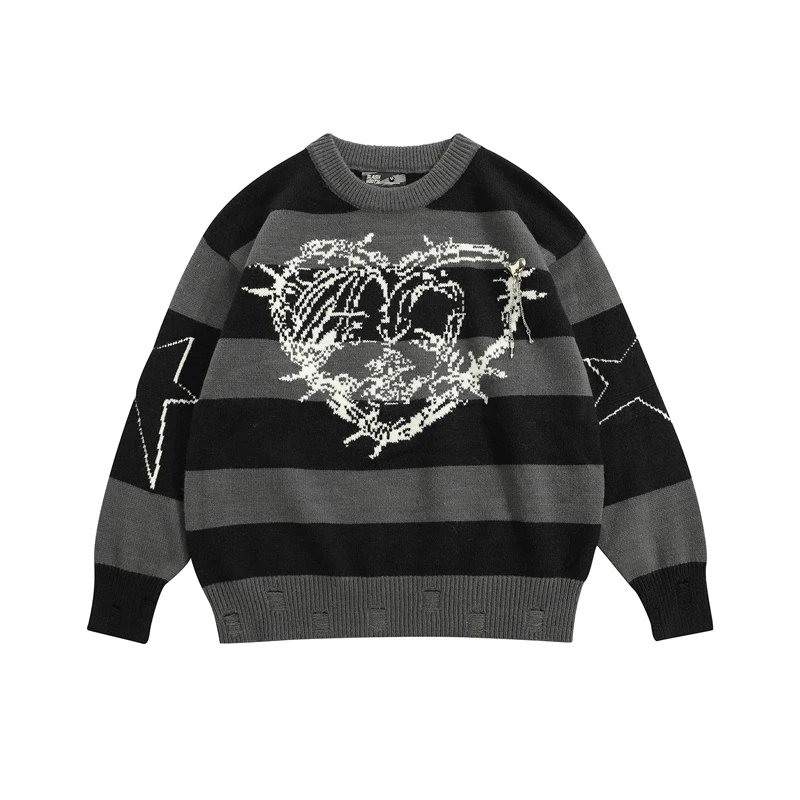 Big Stripe Heart Jacquard Pattern Knitt Sweater with Metal Chain Sweatshirts Men Women High Quality Winter Crew Neck Sweaters