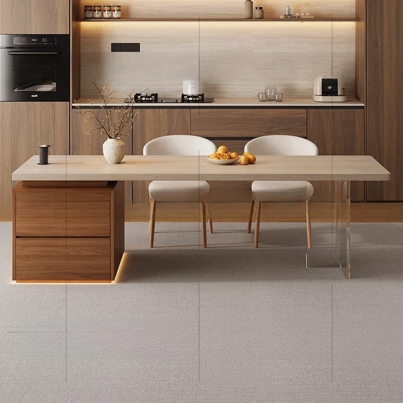 طاولة طعام متكاملة من هيراشيماداي، شقة صغيرة من الخشب الصلب بلون الجوز، بلاطة صخرية من الحجر الجيري، خزانة متعددة الوظائف