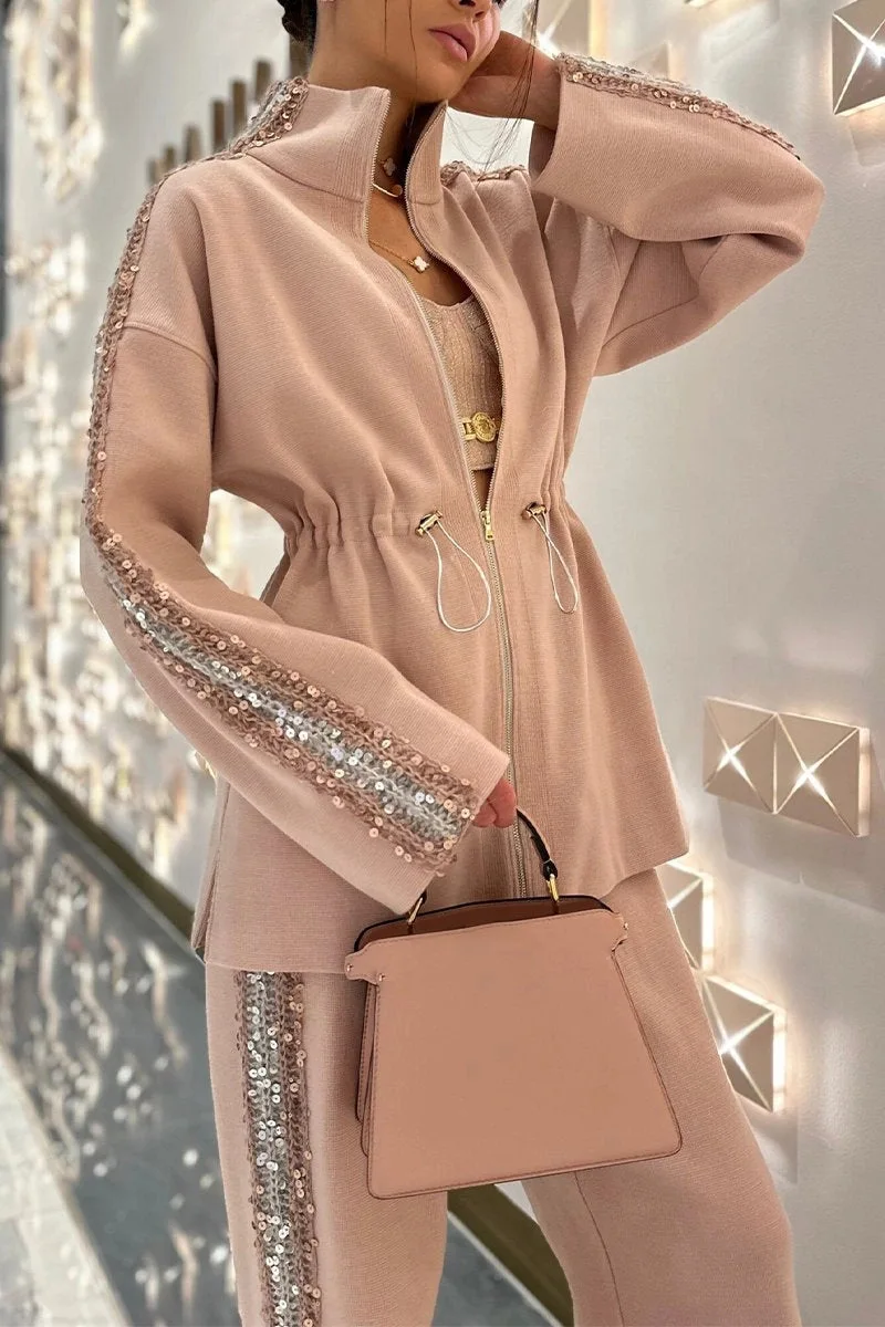 ชุดเซ็ตเสื้อแจ็คเก็ตบอมเบอร์ซิปแต่งเลื่อมสำหรับผู้หญิง กางเกงขายาวเอวสูง ชุดสองชิ้น แฟชั่นฤดูใบไม้ร่วงสำหรับผู้หญิง ปี 2025