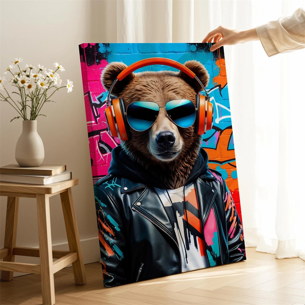 Cool Graffiti Bear Canvas Wall Art Canvas Print Urban Streetwear Poster with Headphones & Sunglasses Colorful Pop Art Decor