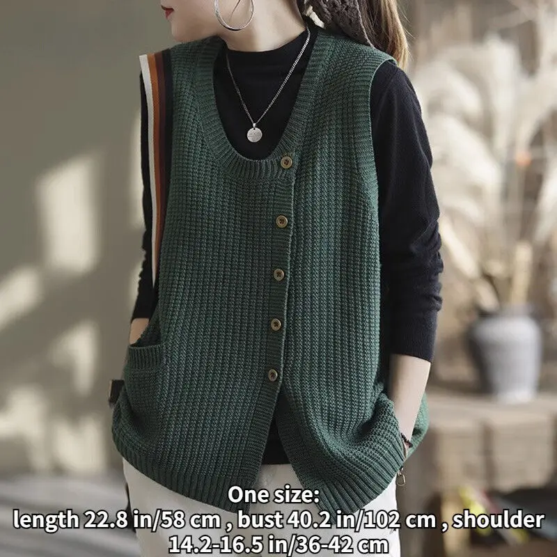 Women Autumn Elegant Knitted Button Sweater Vest Female Casual Sleeveless Waistcoat Jumper Pullover Tops