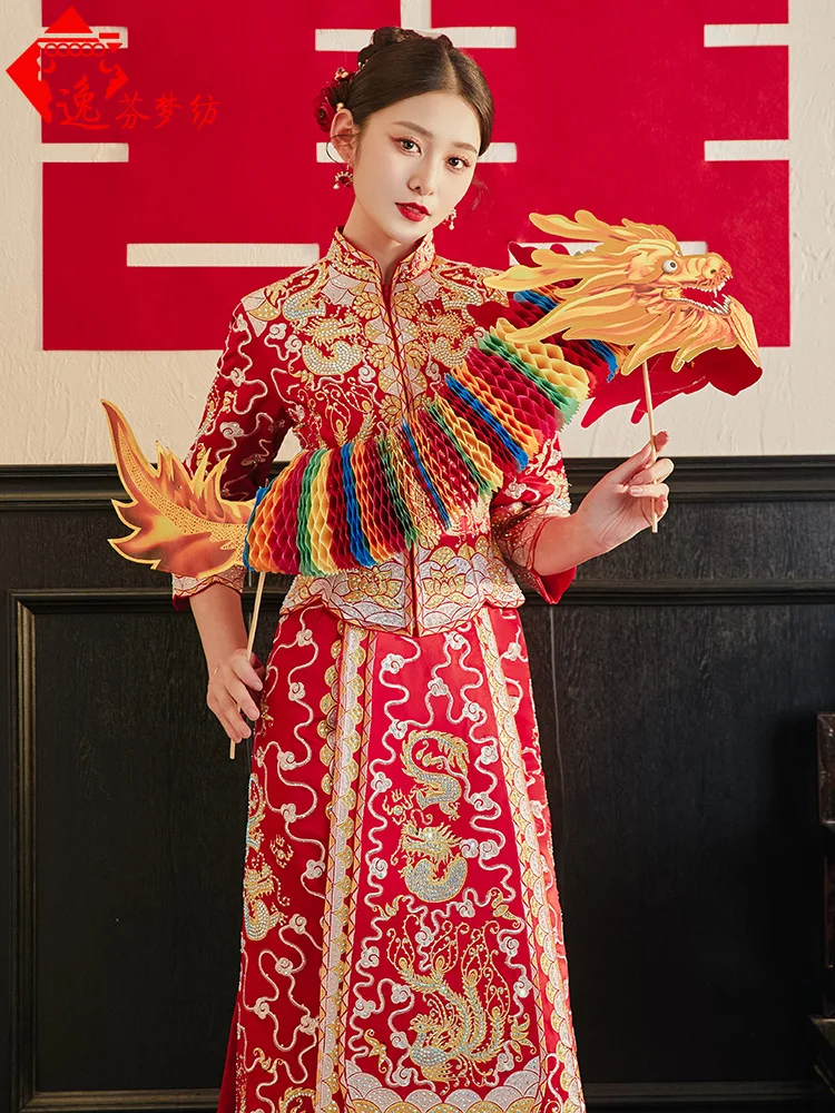 

Новое китайское свадебное платье 2025 года с драконом и фениксом, символизирующее пять благополучий, от Funmeng, ткань: полиэстер