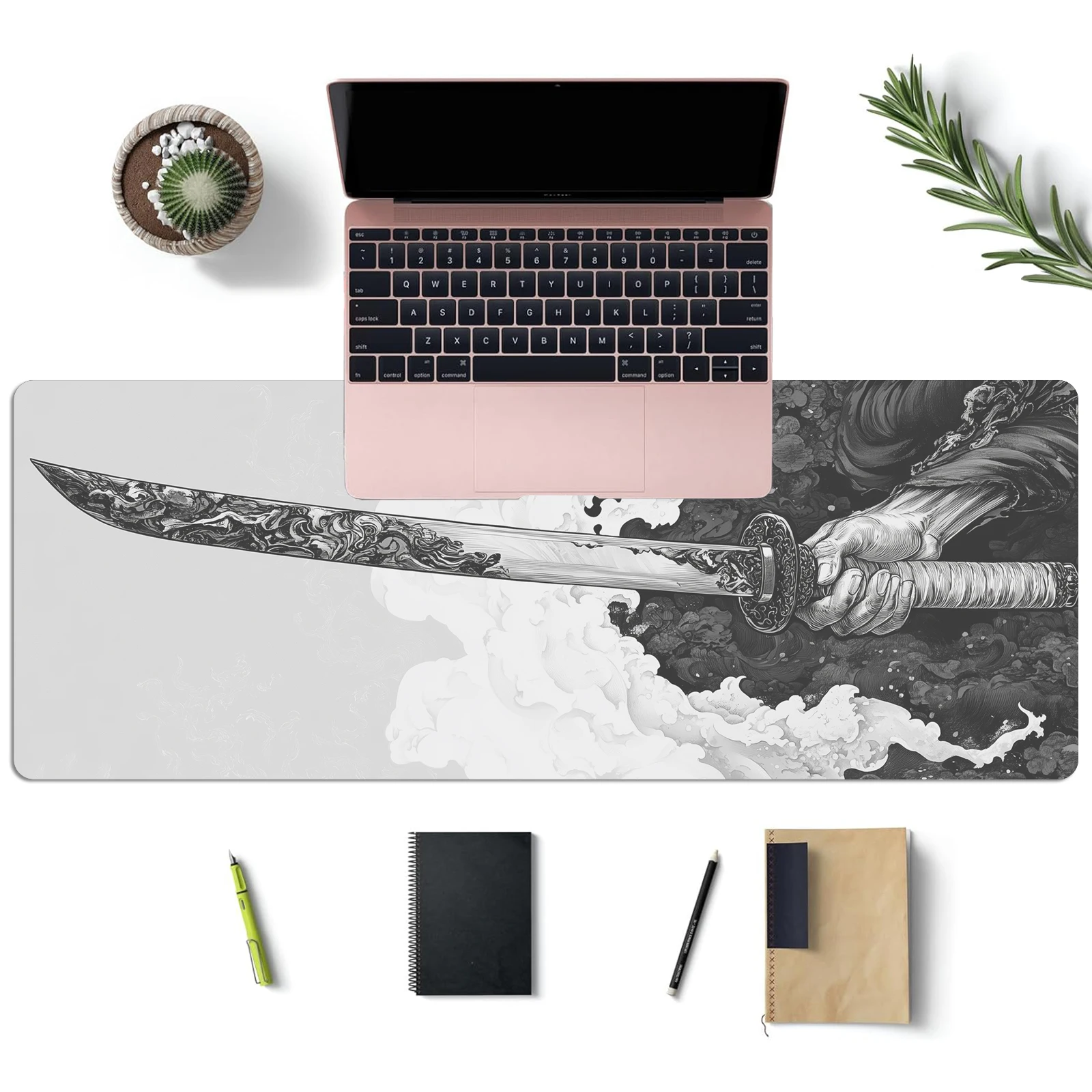 Black And White Comic Wind Sword Model Keyboard Mouse Pad Desk Mat, 3D Gaming Mouse Pad with Non-Slip Rubber Base Stitched Edges