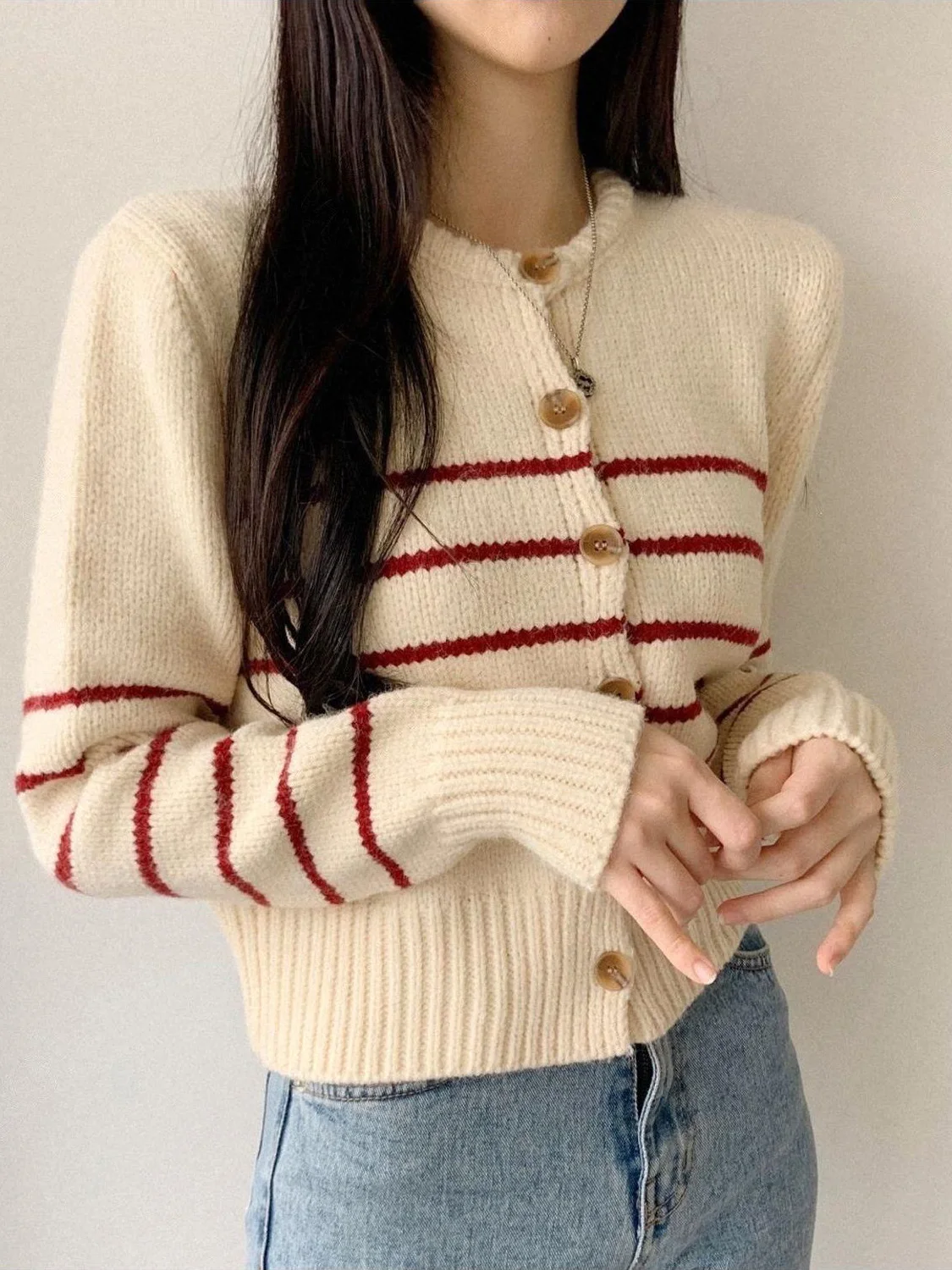 Soft Cozy Large Needle Knitted Open Cardigan Women's Faion Single Button Long Sve Sweater Coat Striped Pattern French Sle