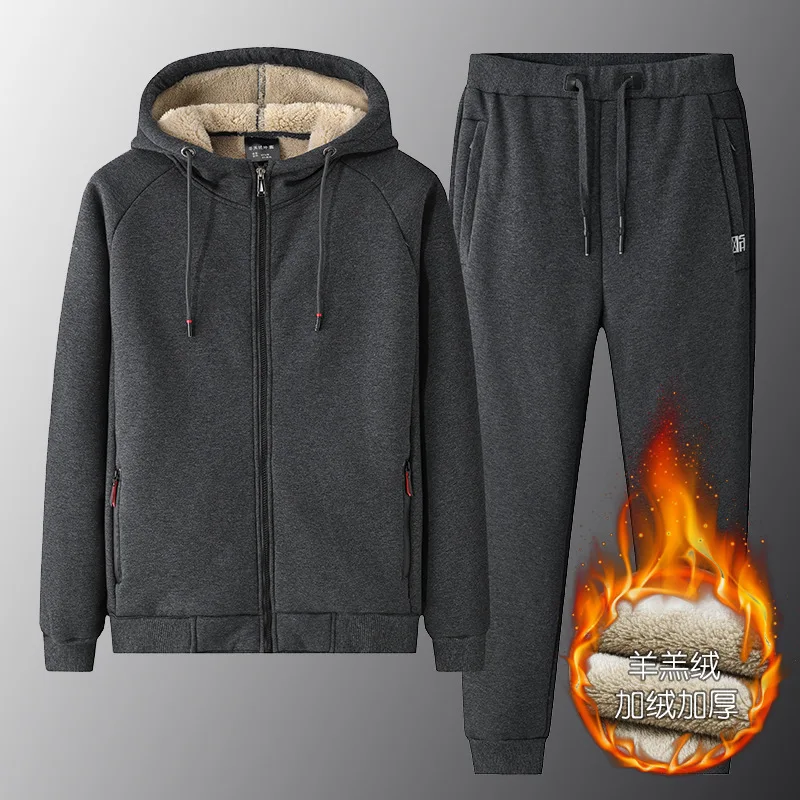

Sweatshirt Cashmere Tracksuit Men's Sets Fleece Thick Hooded Brand Casual Track Suits Oversize Jacket + Pant Warm Fur Winter