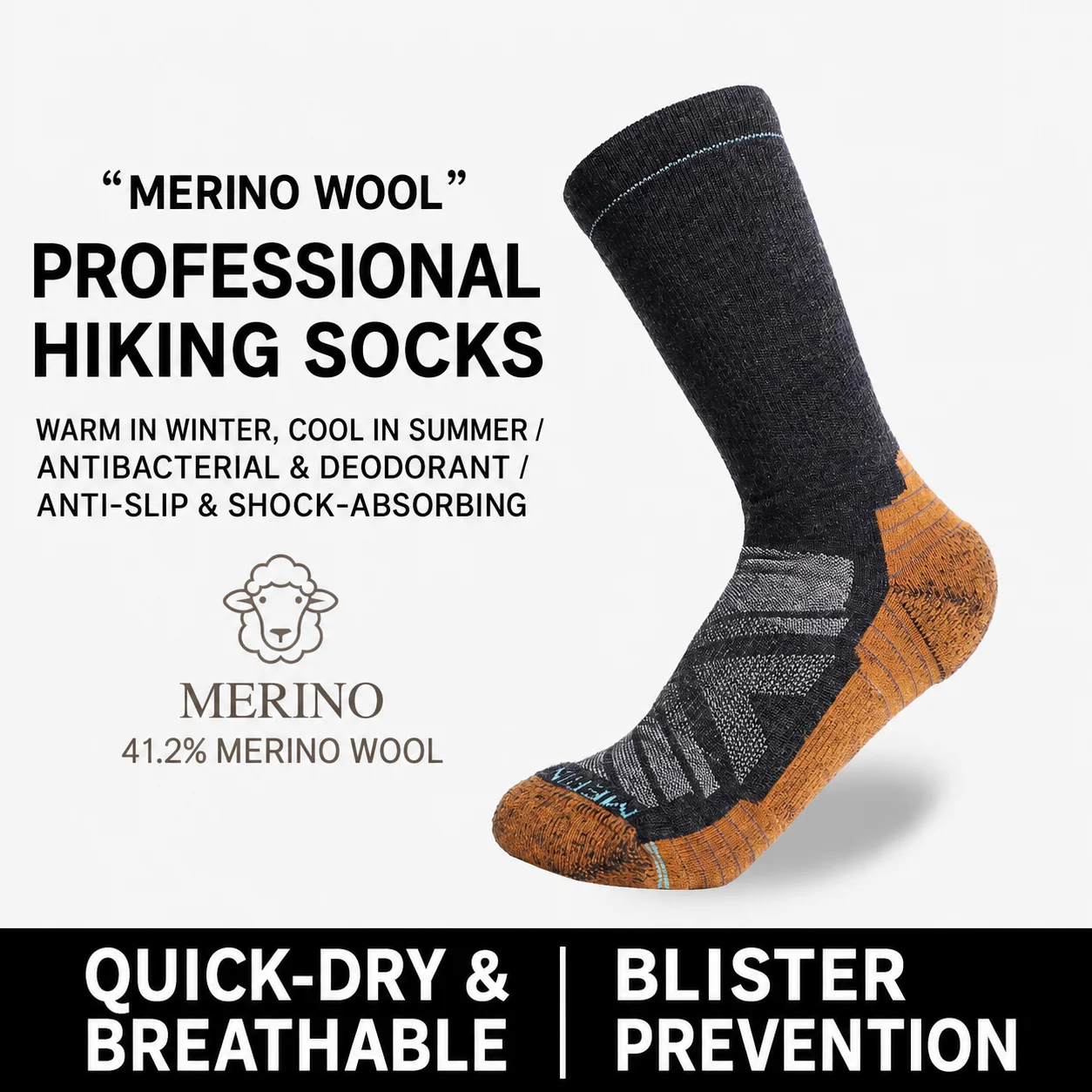 Merino Wool Mid Calf Socks Thick Terry Thermal Warm Anti Slip Anti Odor Outdoor Sports Socks Men Women Hiking Ski Mountaineering