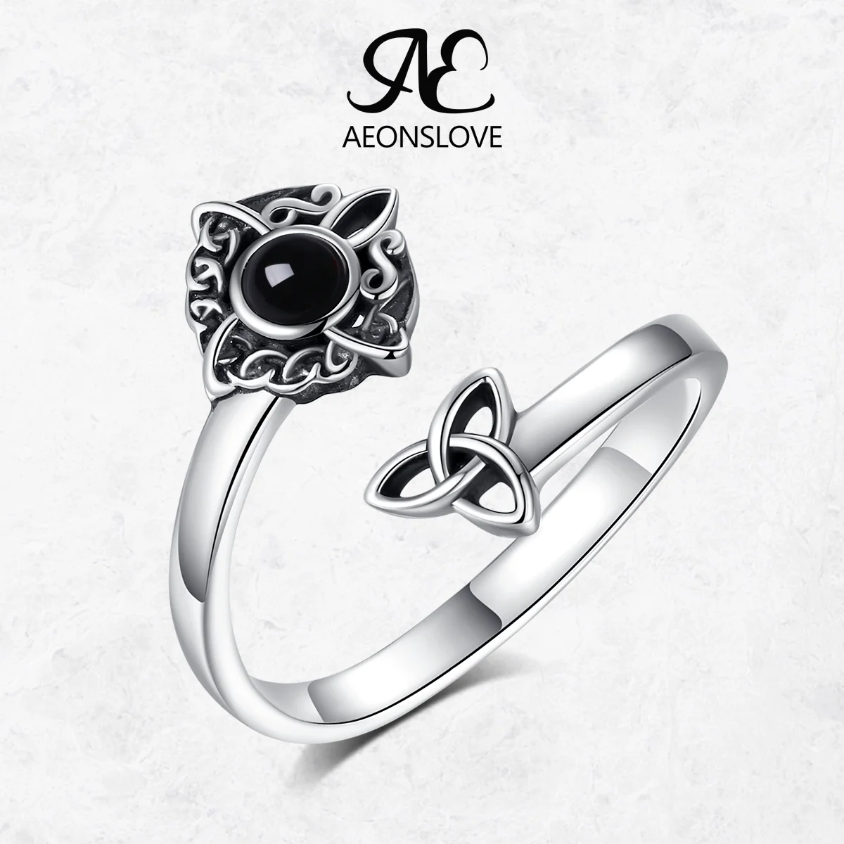 AEONSLOVE 925 Sterling Silver Witch Knot Adjustable Ring Obsidian Celtic Trinity Knot Ring Wicca Pagan Jewelry Gift for Women