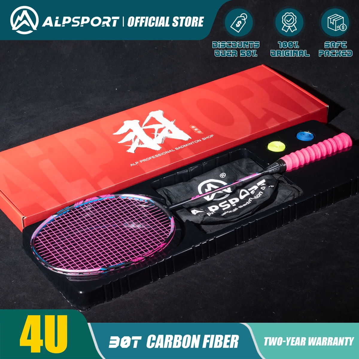 

Alpsport GJMY Head heavy Ultra Offensive Badminton Racket 4U 24-32Lbs G5 85g 100% Full Carbon Cable and Grip Tied