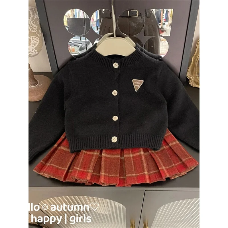 South Korea Children's Clothing Girls' Suit2024Autumn and Winter New Children Western Style Thick Knit Cardigan Pleated Skirt