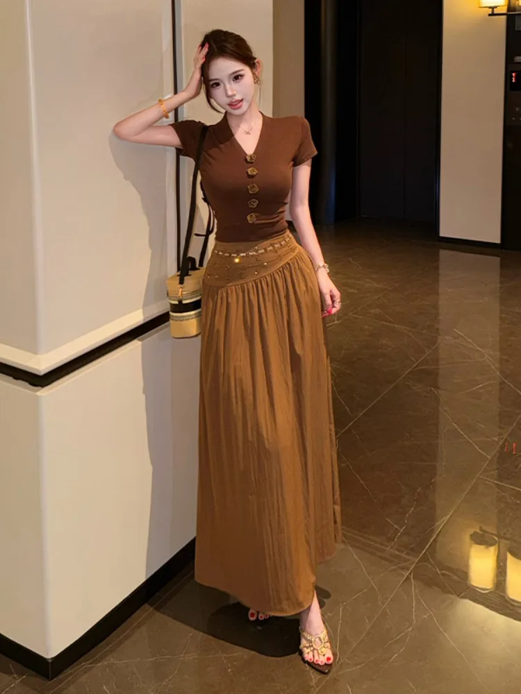 

Summer Vacation Casual Outfit Women's High Waist Glitter Half Skirt T-shirt Three Dimensional Flower Print Two Piece Set