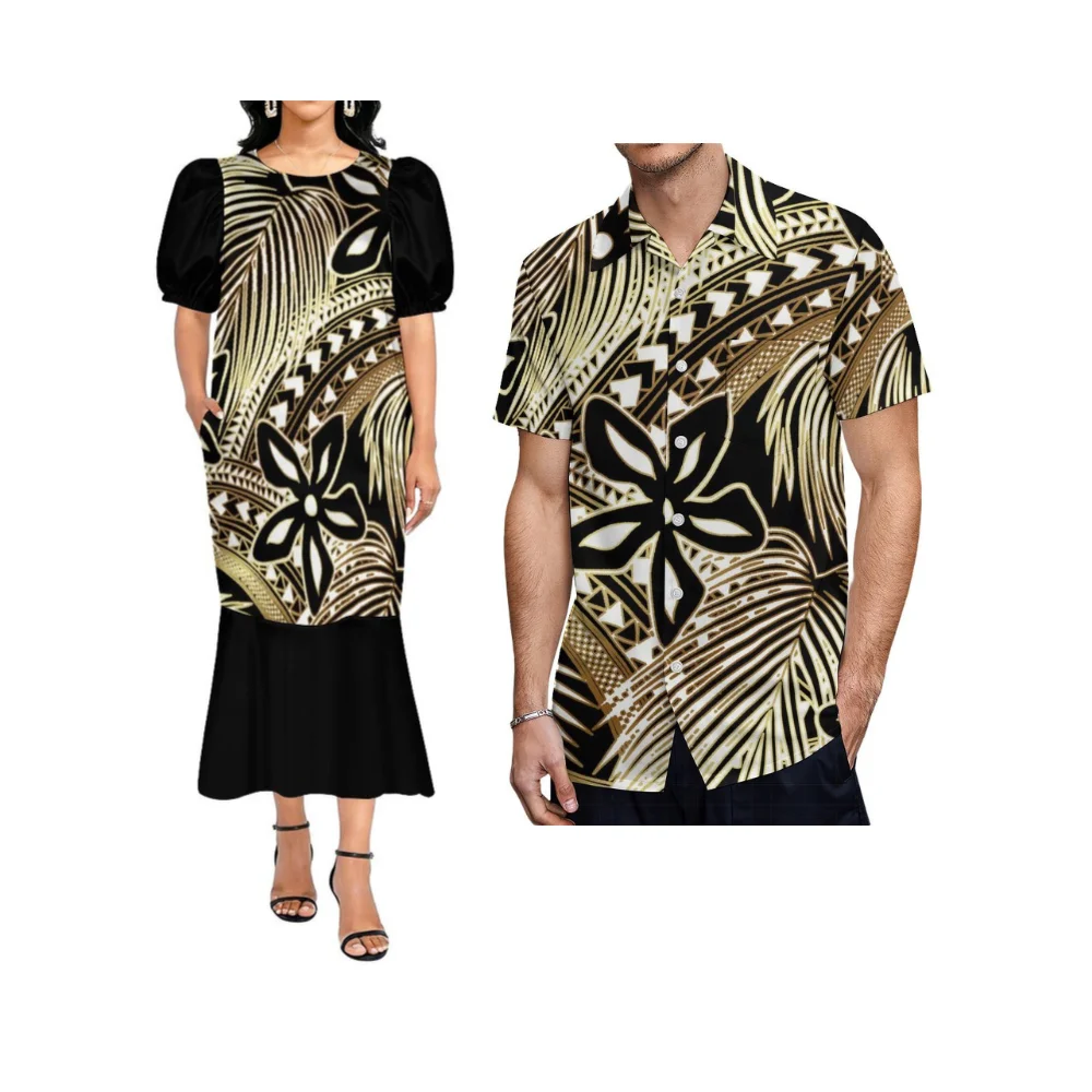 Micronesian Islands Custom Tribal Design Couple Outfit Pocket Design With Puff Sleeves Women'S Long Pleated Frilled Skirt