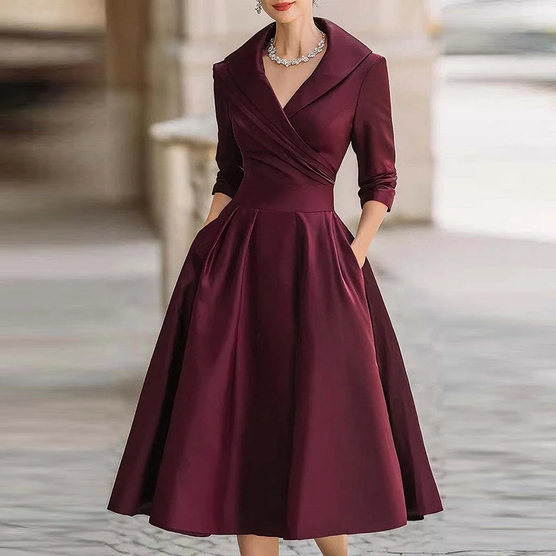 Sexy decote em v manga longa senhora banquete vestido temperamento cetim plissado vestido de festa elegante cor sólida cintura alta vestidos de deslocamento