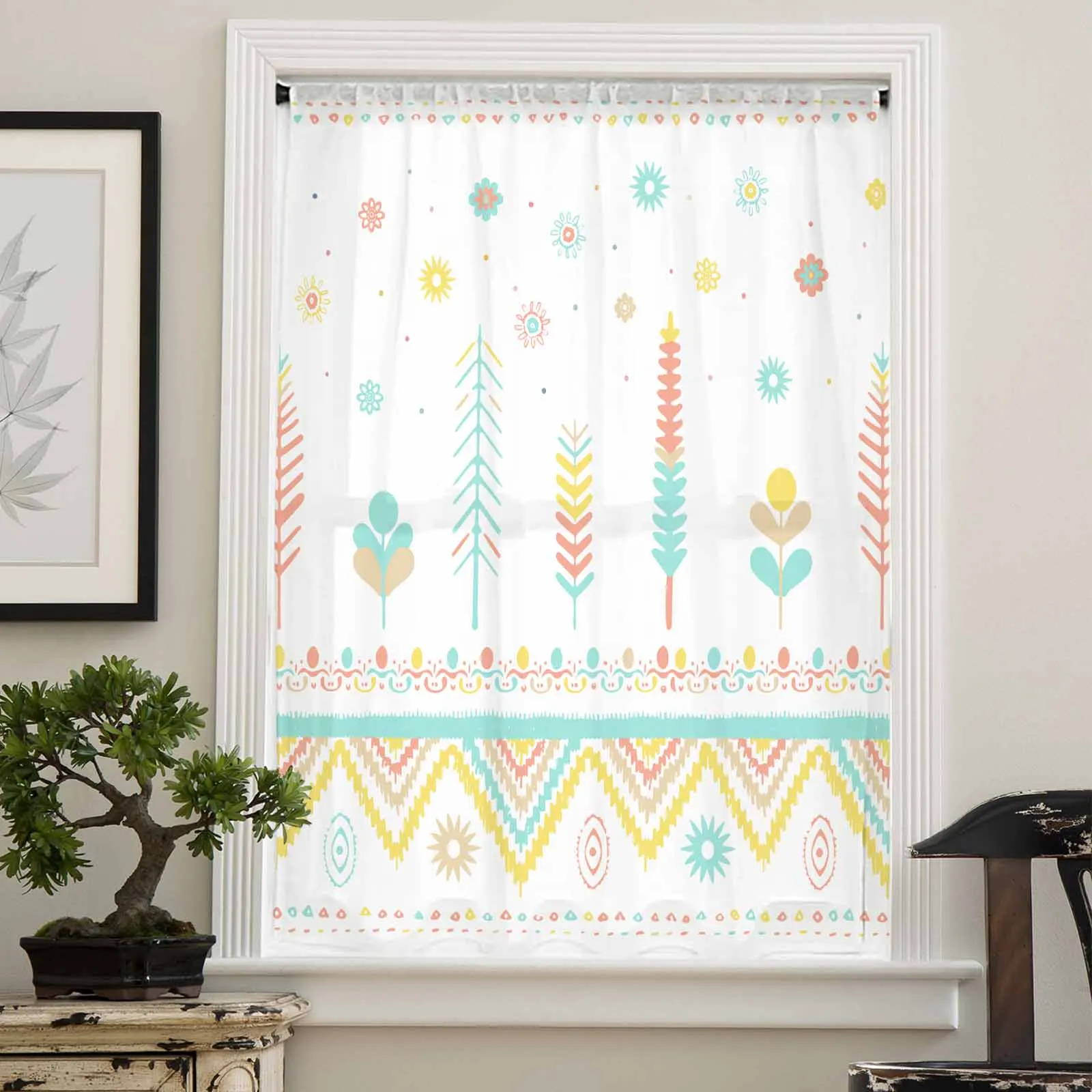 Aztec Navajo Flower Grass Tribe Chiffon Sheer Curtains for Living Room Bedroom Home Decoration Window Voile Tulle Curtain Drapes