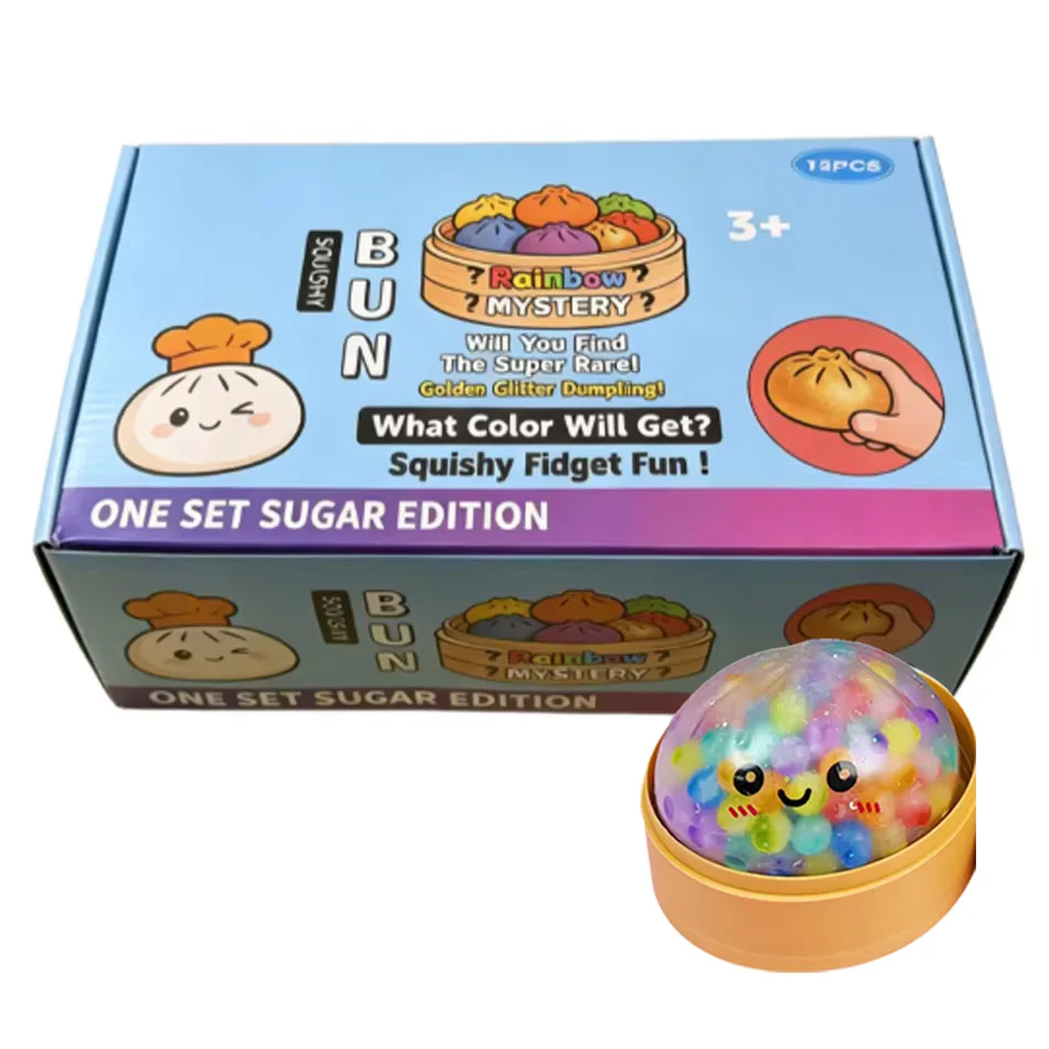 Sugar Edition Rainbow Bead Dumpling Squishy Fidget Toy – Buntes, mit Perlen gefülltes Quetsch-Spielzeug zur Stresslinderung mit Bambus-Dampfgarer-Etui