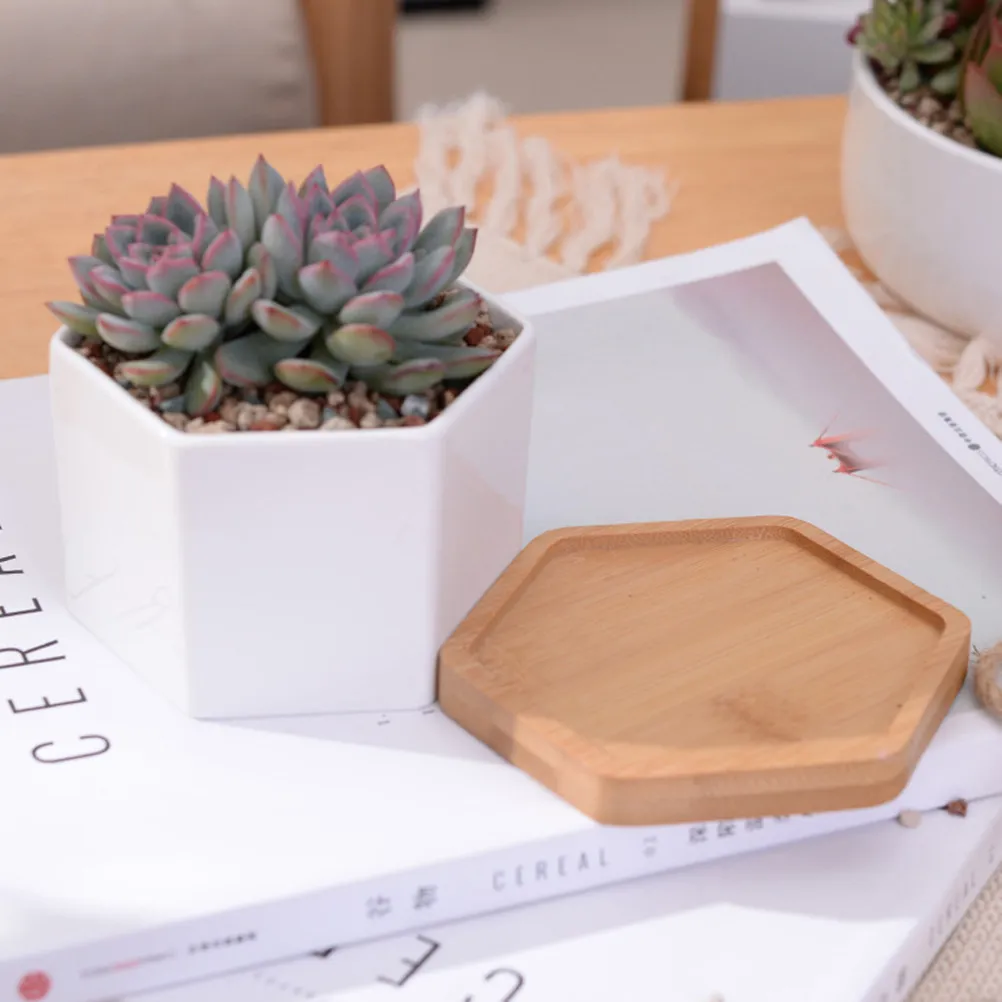 2Sets Hexagonal Ceramic Planters with Bamboo Trays Succulent Cactus Pots Set Mini Bonsai Flower Pot for Balcony Study Room