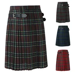 Mens แฟชั่น Casual Retro สไตล์สก็อตลายสก๊อต Contrast เข็มขัดจีบกระโปรง Scottish Mens แบบดั้งเดิม Kilt ทวิภาคี