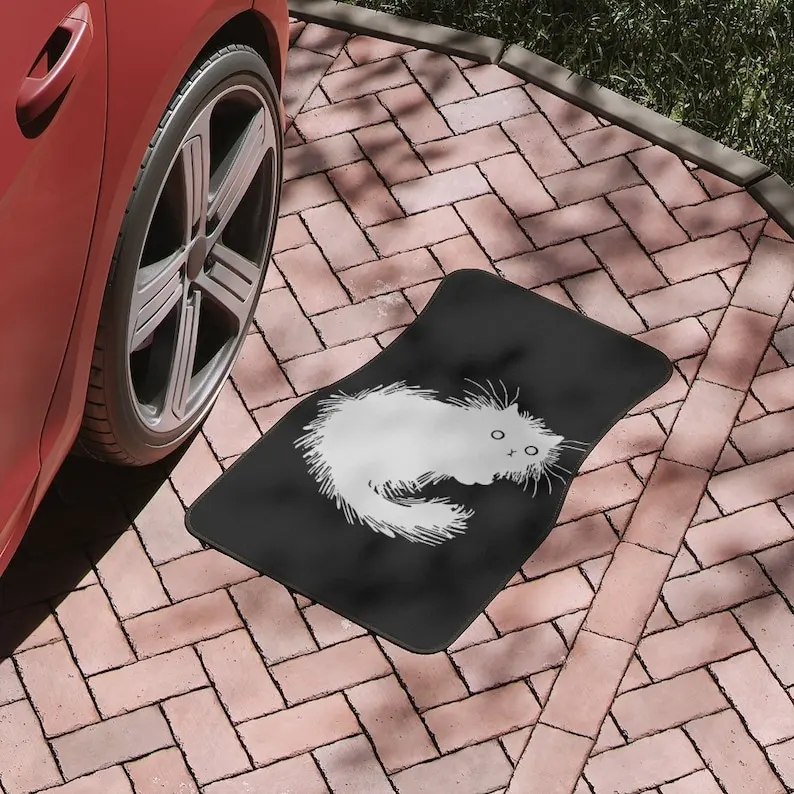 Funny cute cat print Car Floor Mats, Black and white Hand drawn cat style custom print car floor mats, girly cat car interior