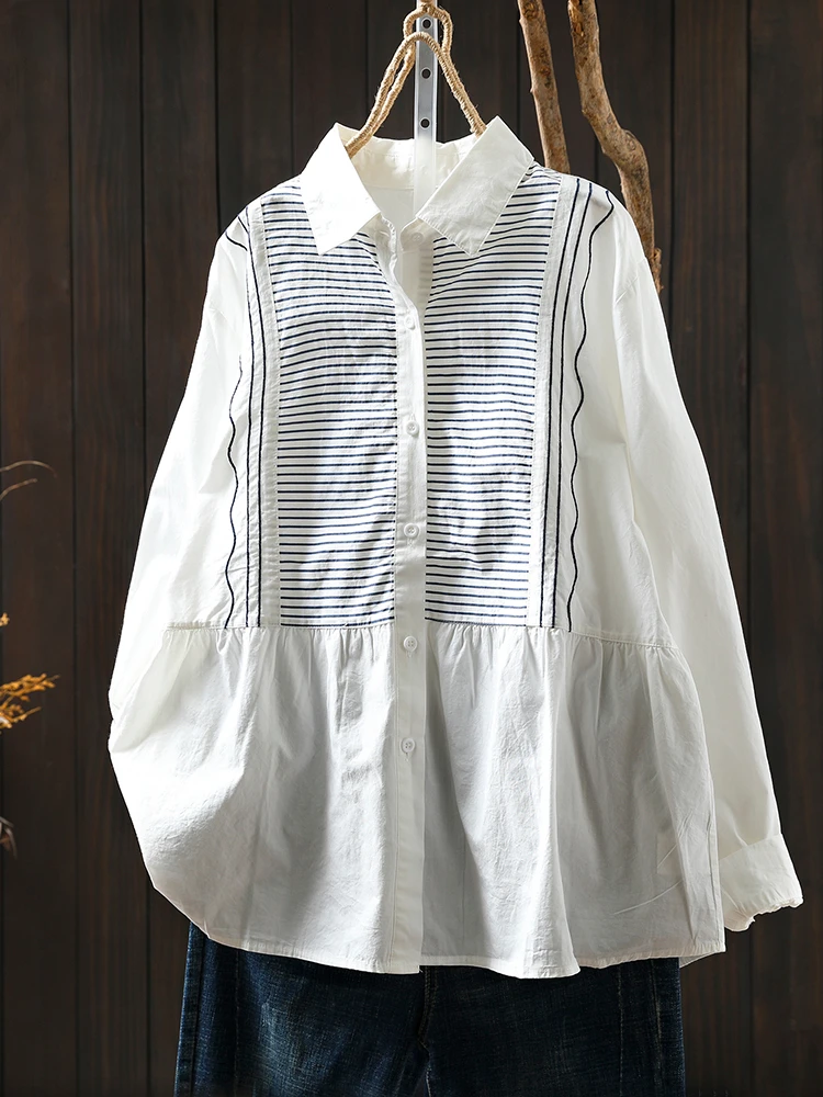 

Women Long Sleeve Striped Shirt New Arrival 2025 Autumn Simple Style Turn-down Collar Female White Cotton Tops Shirts M1894