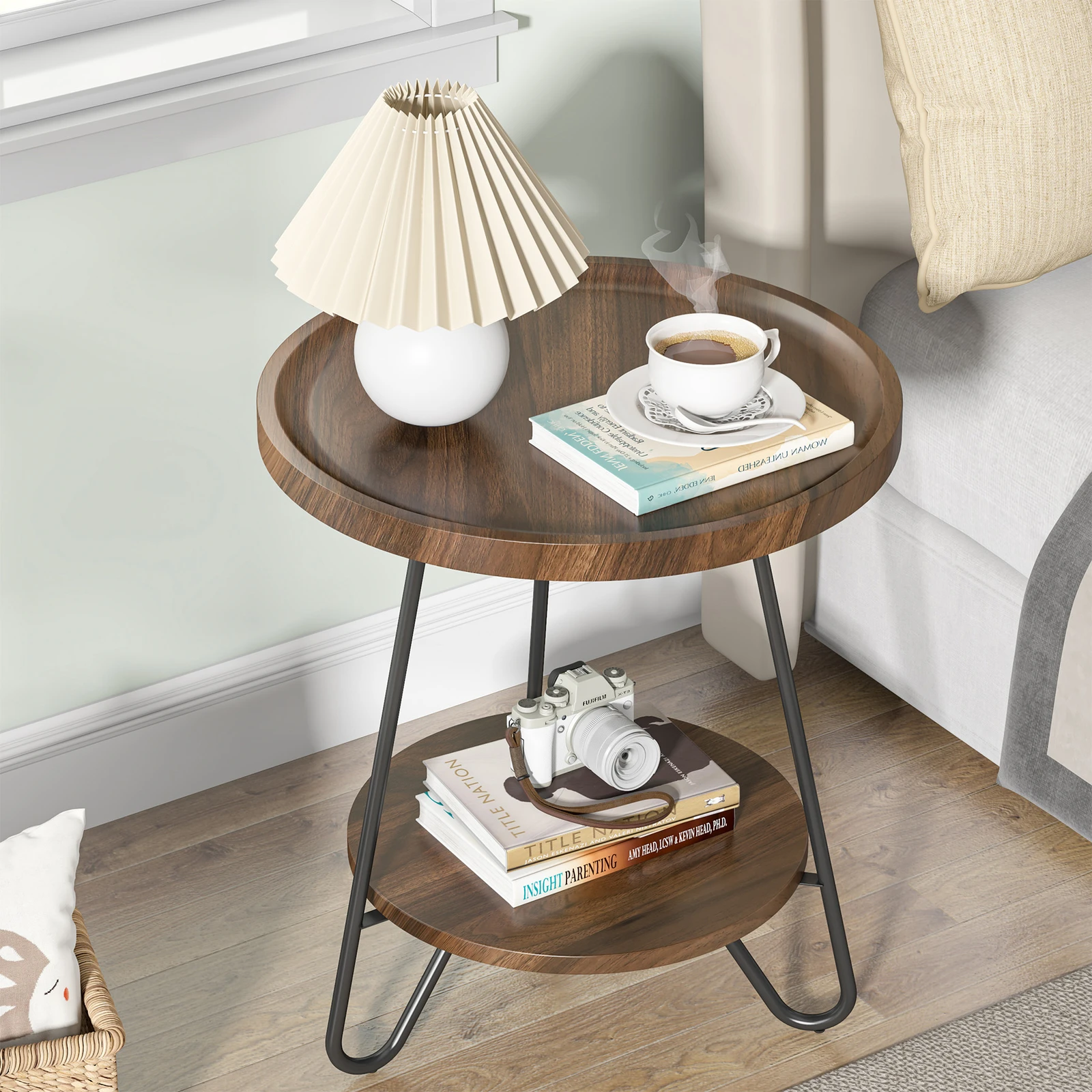 

2-уровневый деревянный круглый торцевой столик с местом для хранения вещей, боковой журнальный столик, прикроватная тумбочка