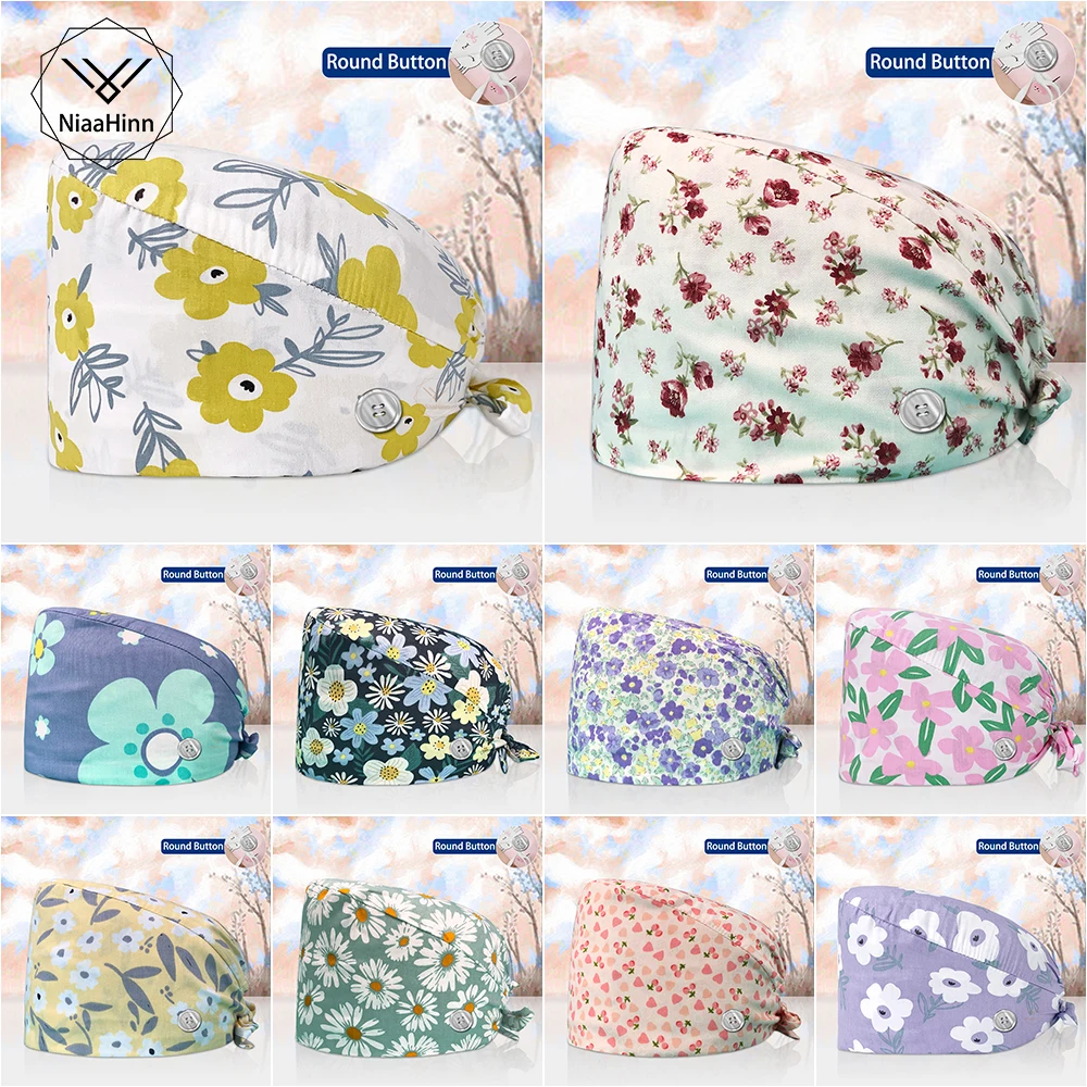 Doctors Nurses Work Cap Cartoon Flower Printing Medical Unisex Surgical Cap 100%Cotton Dentistry Pets Beauty Salon Wholesale Hat