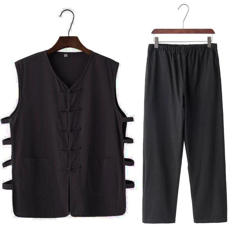 Summer Casual Lin Men's Sleeveless Vest Cotton Linen Retro Button Chinese Style Gown Old Man Shirt Mid-Year Leisure Scene