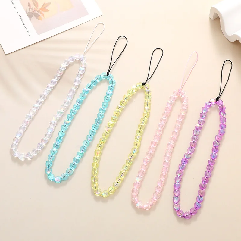 Dazzle Color Heart Beaded Cellphone Case Chain Women Girls Acrylic Mobile Phone Hanging Cord For Fashion Lanyard Strap Jewelry