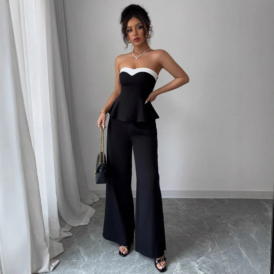 レディース春夏新作 バケーションスタイル 欧米風 オフショルダーベスト ワイドレッグパンツ