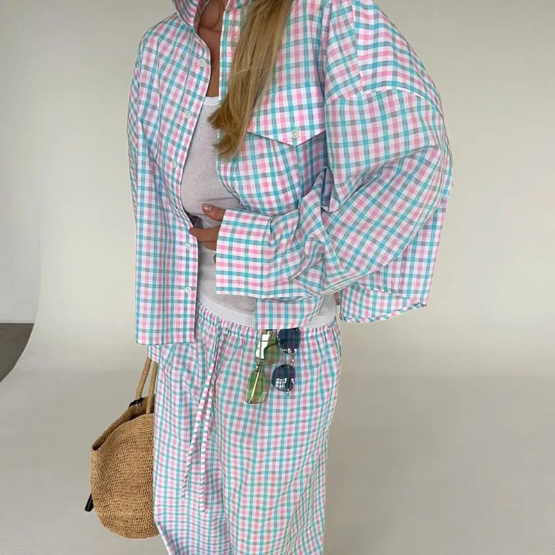 

2026 Spring New Plaid Set For Women French Casual Fashion Lapel Long Sleeve Shirt Straight leg Pants Sleepwear 2 Pieces Sets