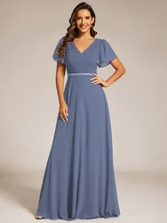 Ever Pretty Woman'S Elegant Midi Length Pleated A-Line V-Neck Ruffles Sleeves Chiffon Dresses Empire Waist Evening Dresses