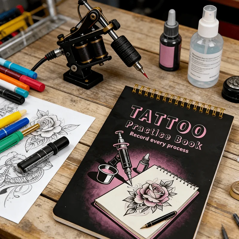 

Tattoo practice skin, flip-cover style practice pad with 10 sheets per pad, pink 1mm synthetic blank tattoo practice skin.