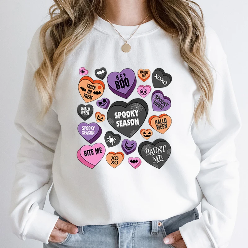 

Women Fashion Creative Halloween Heart Spooky Season Hey Boo Print Pullover Long Sleeve Plus Size Pure Color Hoodless Sweatshirt