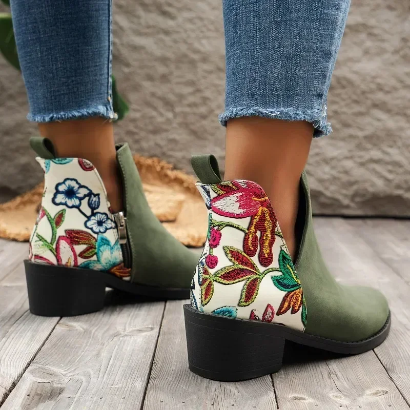 Retro Mid Heels Pointed Toe Casual Ankle Boots Autumn Flower Patterned Patchwork Boots Botas Mujer Booties Feminina Women Shoes