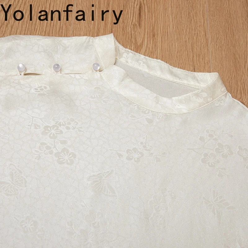 YOLANFAIRY 100% Natural Mulberry Silk T Shirts Woman Elegant Jacquard Tees Summer Top Slanted Front Comfortable T Shirt Femme
