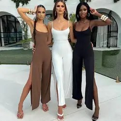 Sexy Backless Women Jumpsuit Spaghetti Straps Side High Split Slim Lace Up Summer Ladies Casual Long Romper Overall Party Wear