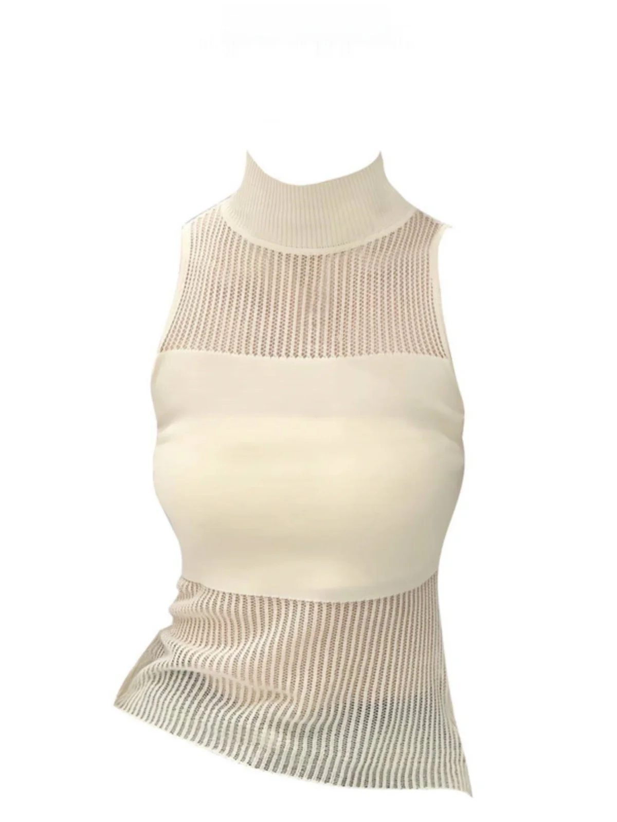 

Сексуальный облегающий вязаный жилет с полувысоким воротником без рукавов, женский летний топ с ажурной сетчатой вязкой и прозрачными вставками.