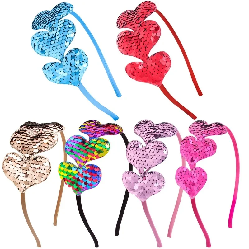 10pcs Children Girls Kids Creative Sequin Red Color Love Heart Headband Hair Hoop Holiday Hairband Party Prop Birthday Christmas