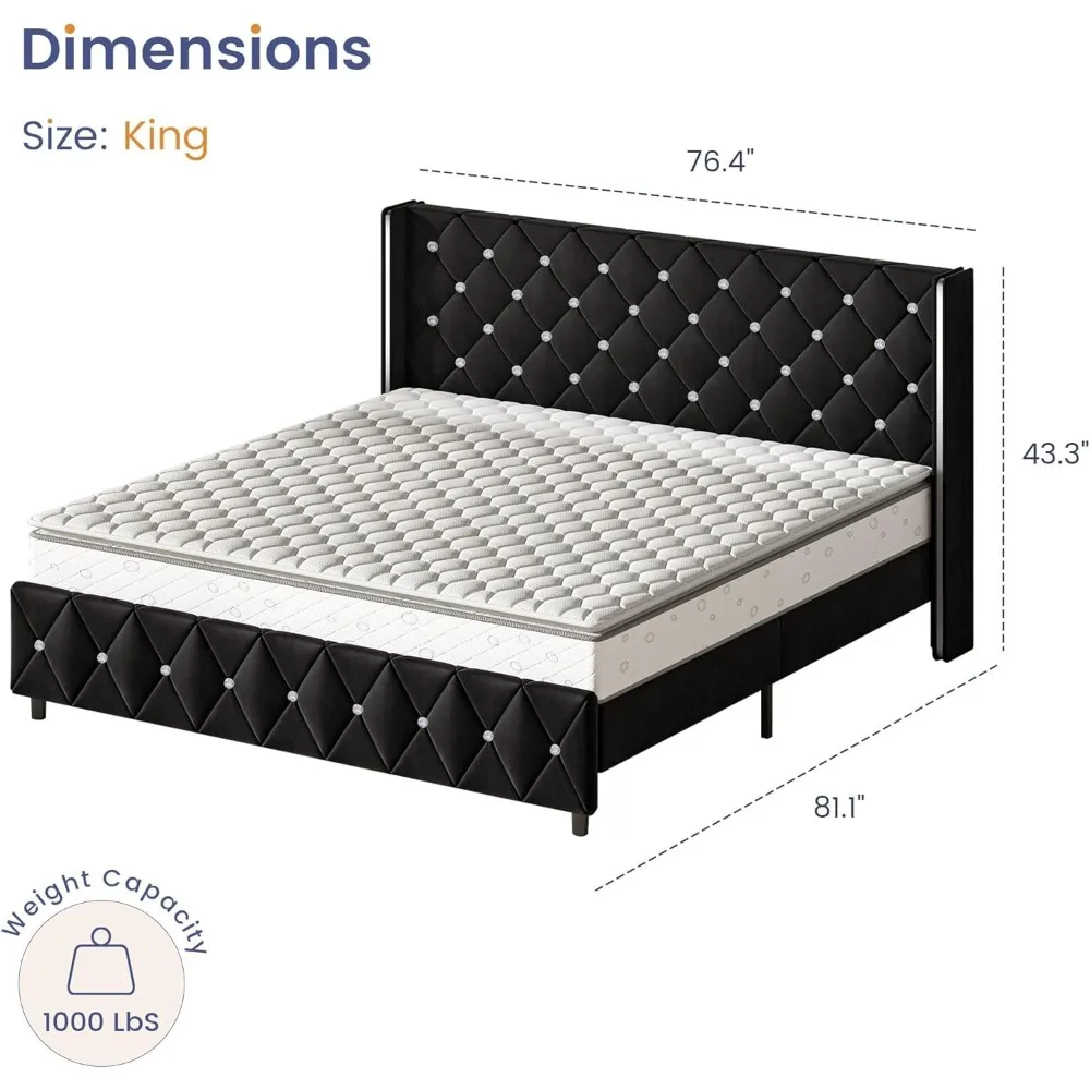 King Size Bed Frame, Velvet Upholstered Platform Bed King Size with Diamond Tufted Headboard and Footboard, Wooden Slats Support