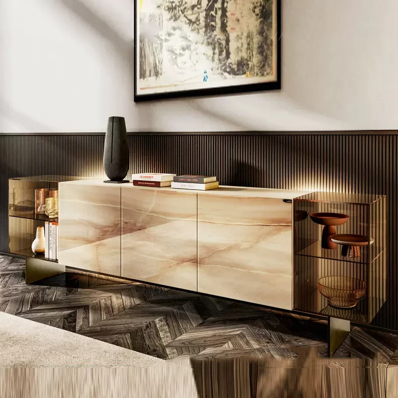 

Italian light luxury marble pattern TV cabinet Modern simple glass audio-visual cabinet Suspended stainless steel TV cabinet