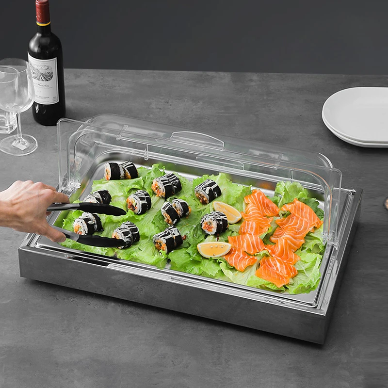 Stainless steel iced seafood display table Western restaurant Japanese  Raw meat sushi Salmon seafood cafeteria Cold ice table